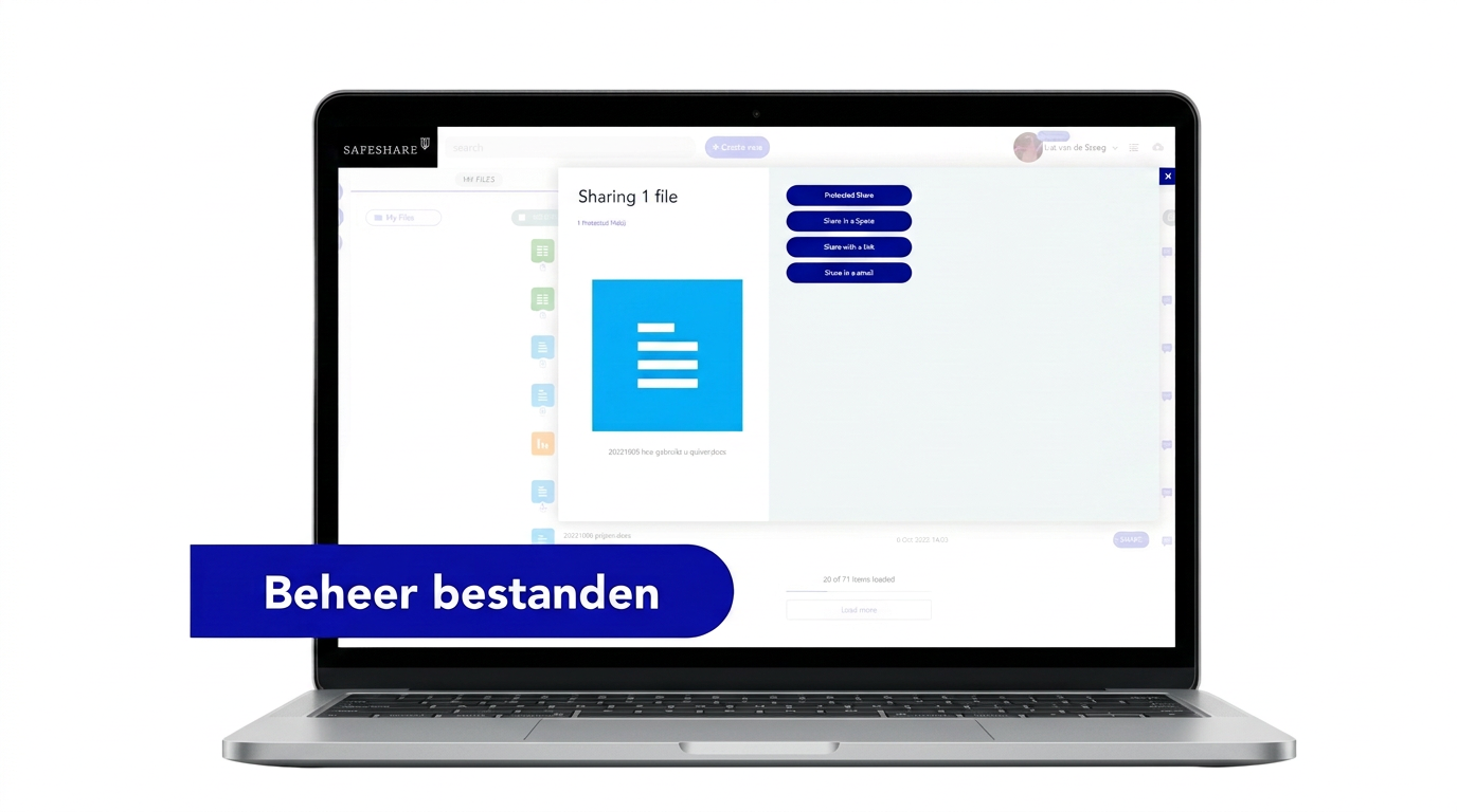 Laptop met het SafeShare-deelvenster voor beveiligd delen: Protected Share, delen in een Space, via een link of per e-mail.